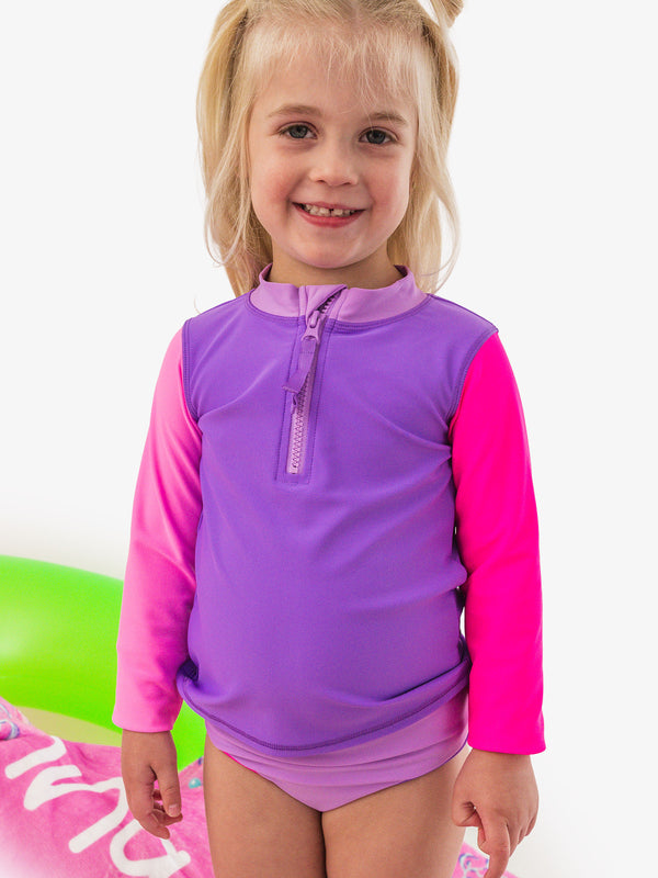 Zipper Rash Guard 2-Piece Swimsuit- Neon Purple Color Block