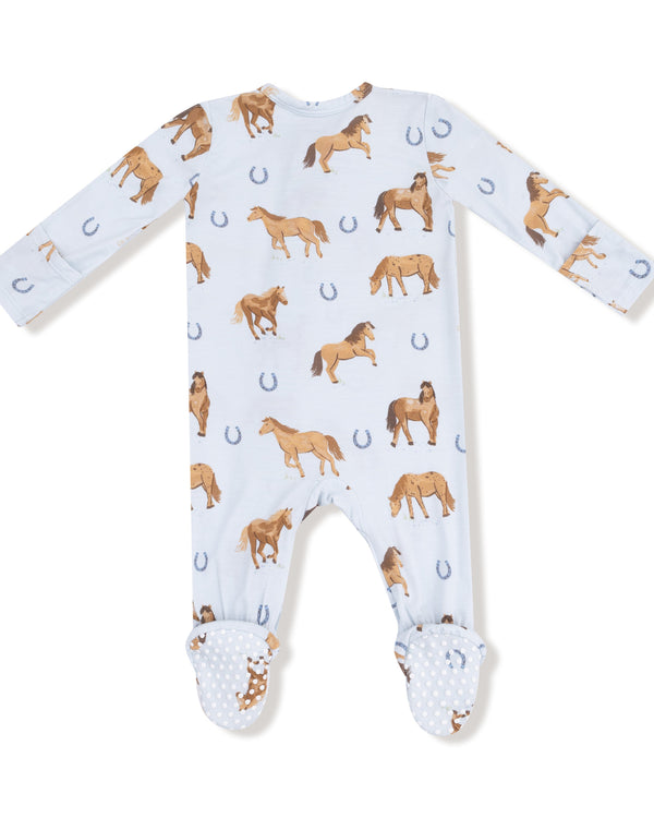 Horses 2 Way Zipper Footie- Sky Blue