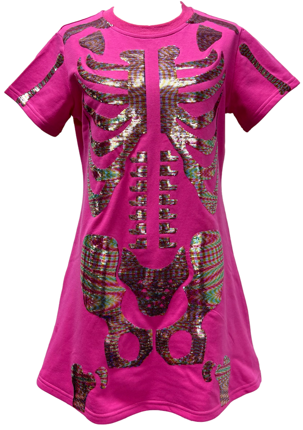 Hot Pink Multi Skeleton Body Tee Dress- (Women's)