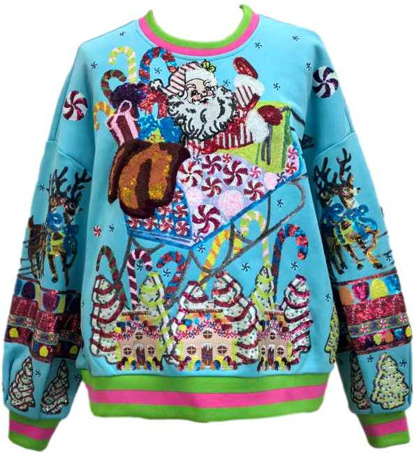 Aqua Vintage Santa Gingerbread House Sweatshirt- (Women's)