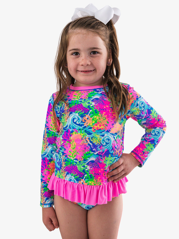 Rash Guard 2-Piece Swimsuit- Neon Ocean Coral