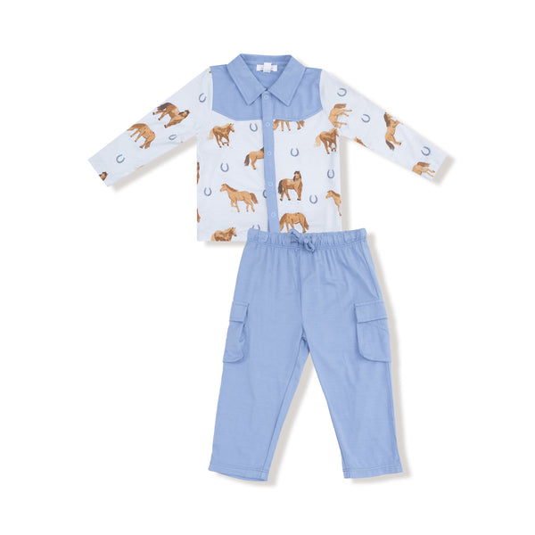 Horses Cowboy Button Down Pant Set- Sky Blue