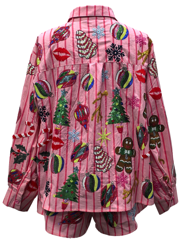 Pink & Red Stripe Christmas Icons Cotton Button Up Top- (Women's)