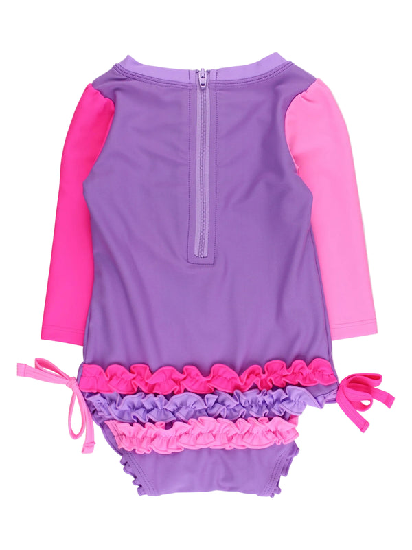 One Piece Rash Guard Swimsuit- Neon Purple Color Block