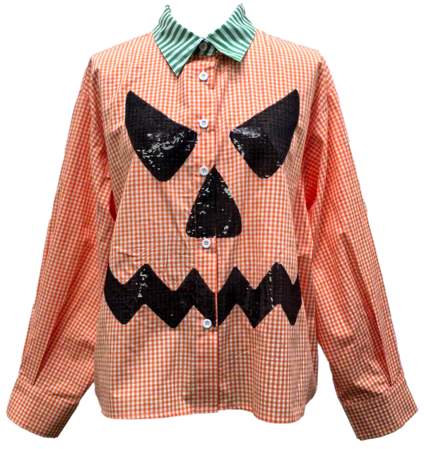Orange Gingham Pumpkin Face Button Up Cotton Top- (Women's)