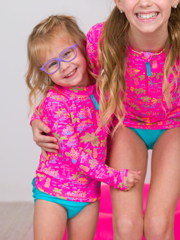 Zipper Rash Guard 2-Piece Swimsuit- Neon Island Time