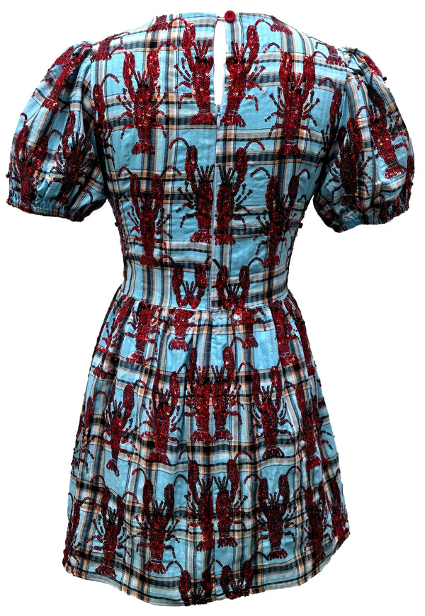 Aqua Plaid Crawfish Tie Cotton Dress- (Women's)
