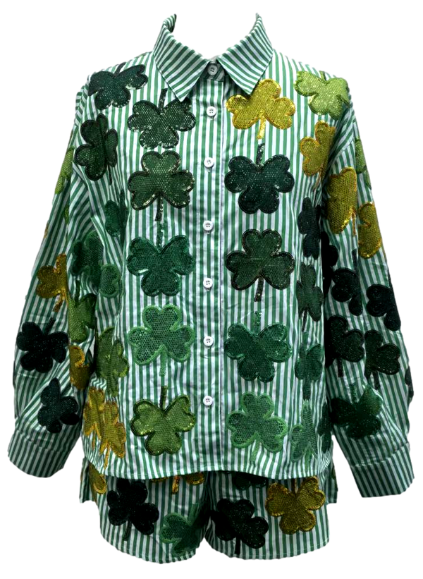 Rhinestone Shamrock Button Up Top- (Women's)