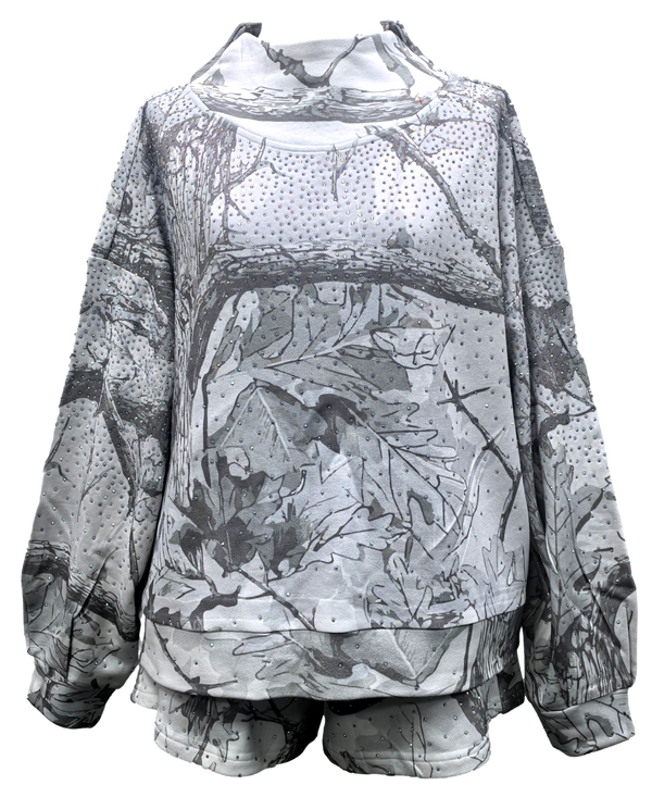 Grey Rhinestone Forest Camo Mockneck Sweatshirt- (Women's)