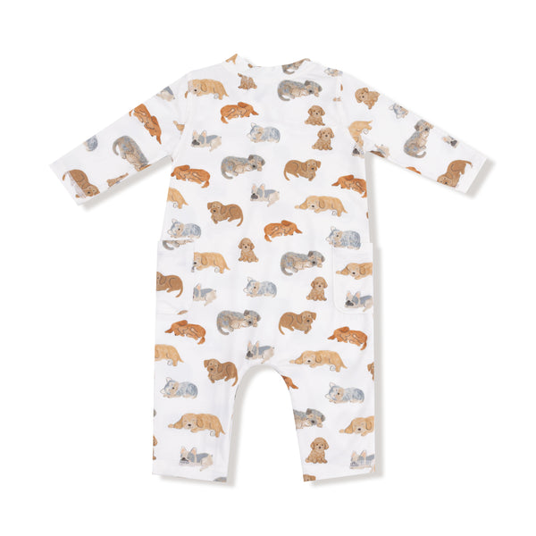 Napping Puppies Romper- Ivory/Tan