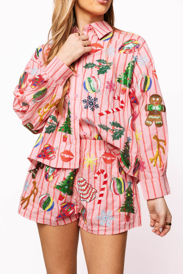 Pink & Red Stripe Christmas Icons Cotton Button Up Top- (Women's)