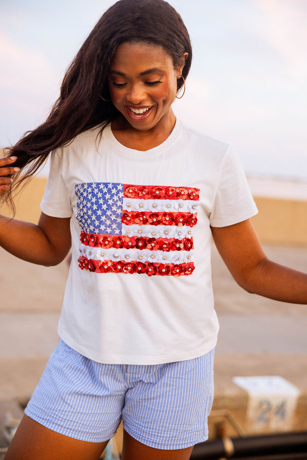 White Flower American Flag Tee- (Women's)