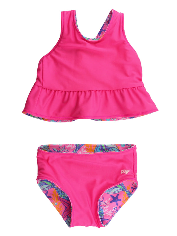 Reversible Peplum Tankini 2-Piece Swimsuit- Neon Shimmer Mermaid