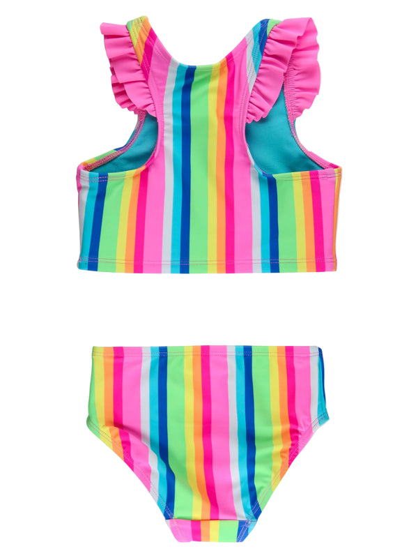 Racerback Flutter Tankini 2-Piece Swimsuit- Neon Rainbow Stripe