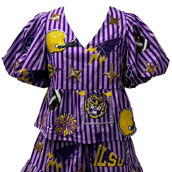 Licensed LSU Striped Sparkle Gameday Top- (Women's)