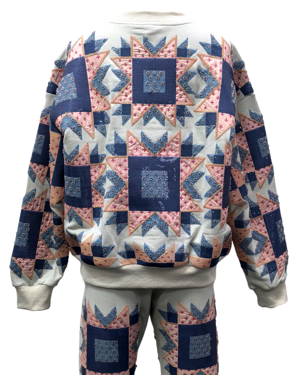 Ivory, Blue & Light Pink Patchwork Sweatshirt- (Women's)