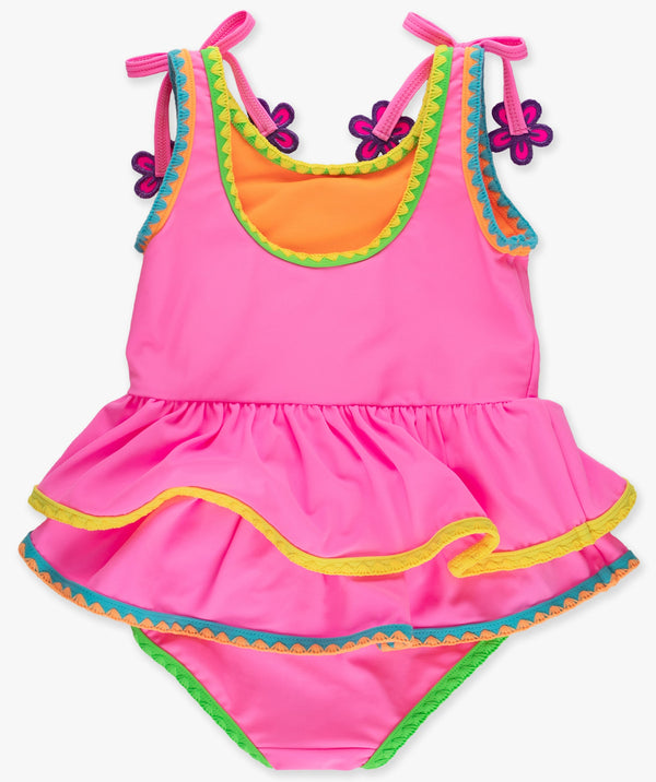 Neon Pink Crochet Peplum One Piece Swimsuit