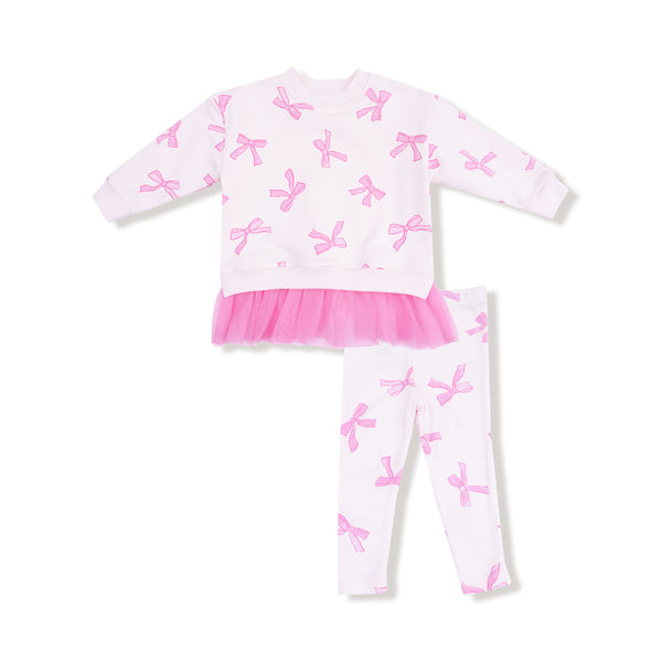 French Terry Pretty Bows Sweatshirt Set W/ Tulle Ruffle