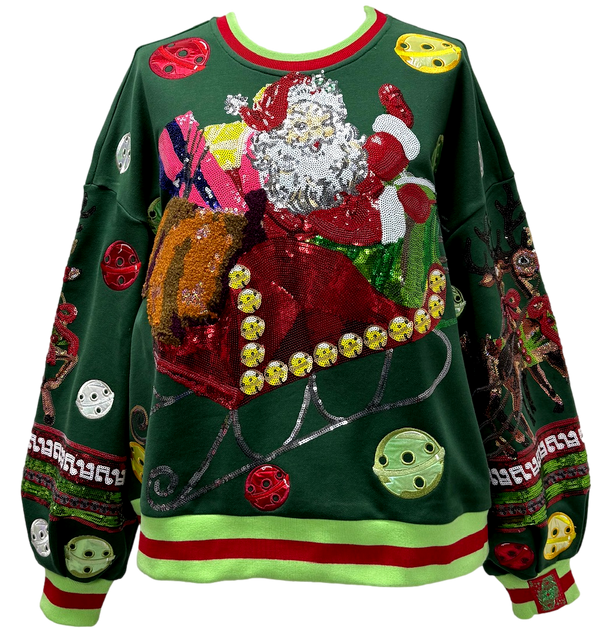 Dark Green Vintage Jingle Bell Santa Sweatshirt- (Women's)