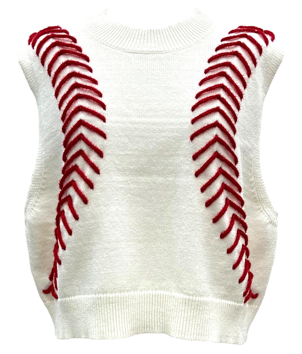 White Baseball Stitch Sweater Vest- (Women's)