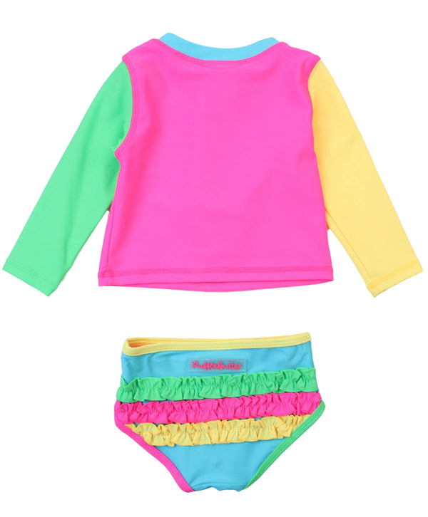Zipper Rash Guard 2-Piece Swimsuit- Neon Color Block