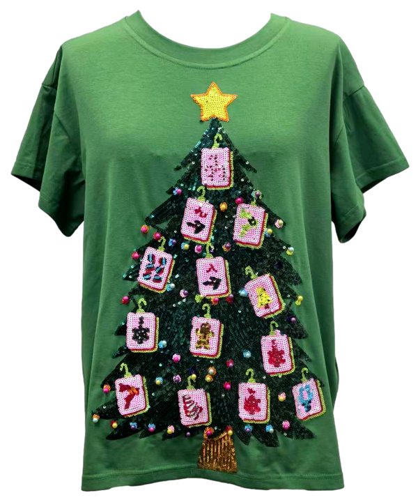 Green Mahjong Tile Christmas Tree Tee- (Women's)