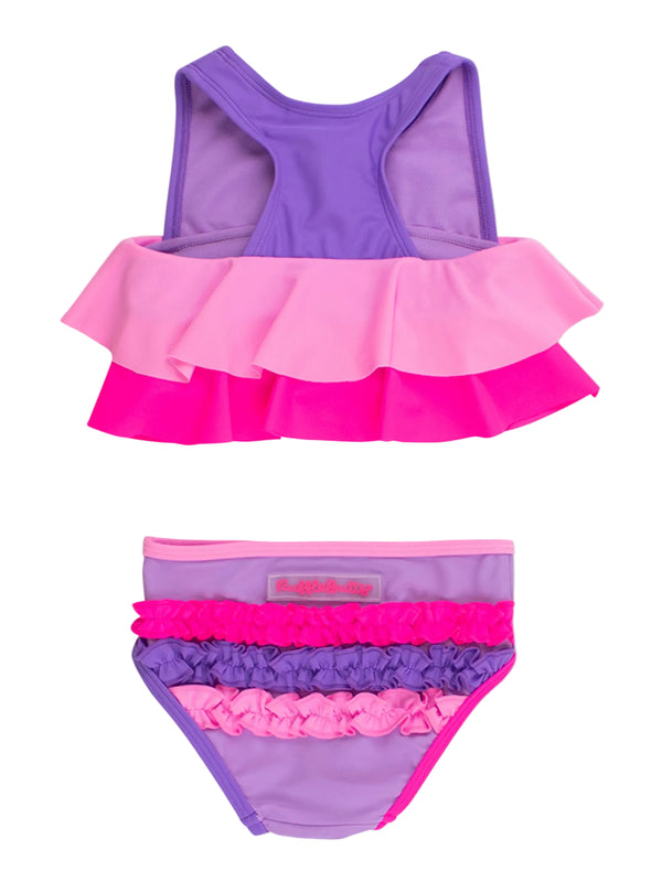 Flounce Bikini 2-Piece Swimsuit- Neon Purple Color Block