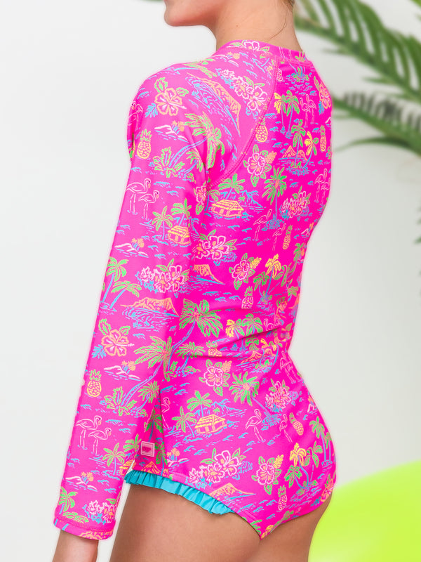 Zipper One Piece Rash Guard Swimsuit- Neon Island Time