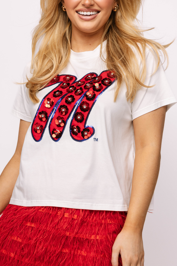 Licensed Ole Miss Mascot Sequin Flower Tee- (Women's)