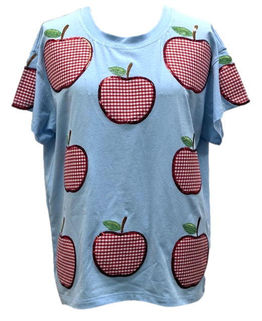 Light Blue & Red Gingham Apple Tee- (Women's)
