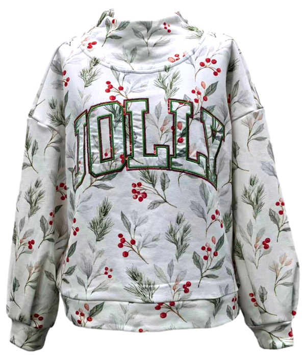 Holly Print 'Jolly' Mock Neck Sweatshirt- (Women's)