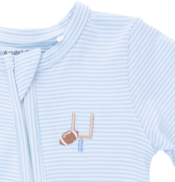 Football 2 Way Zipper Footie- Blue Micro Stripe
