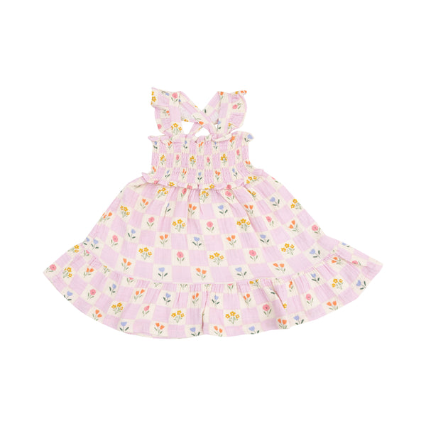 Floral Check Smocked Ruffle Sundress- Pink