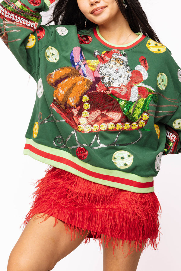 Dark Green Vintage Jingle Bell Santa Sweatshirt- (Women's)