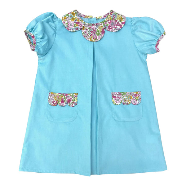 Blair Dress- Aqua Corduroy W/ Mira Floral Trim