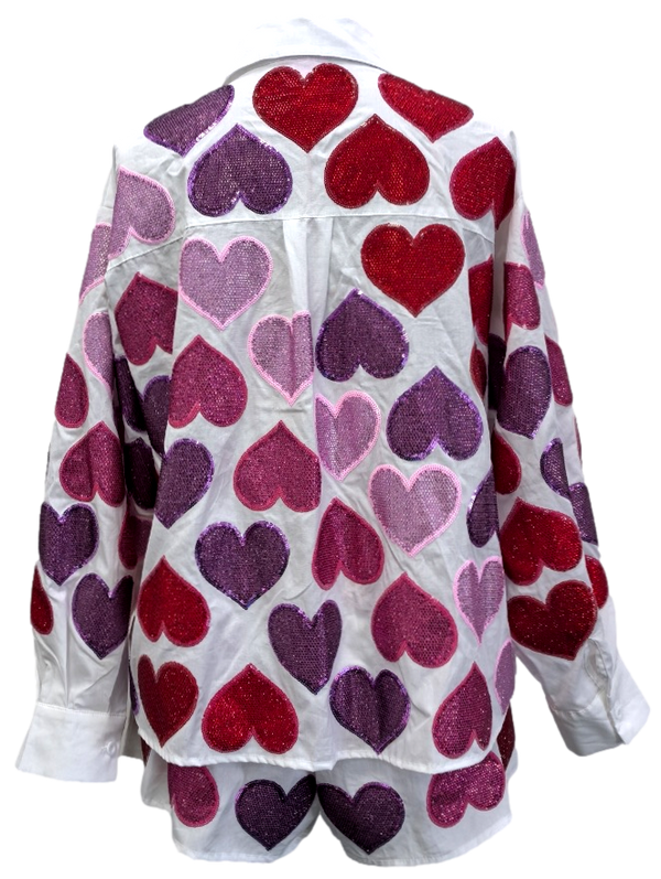 Rhinestone Hearts Button Up Cotton Top- (Women's)