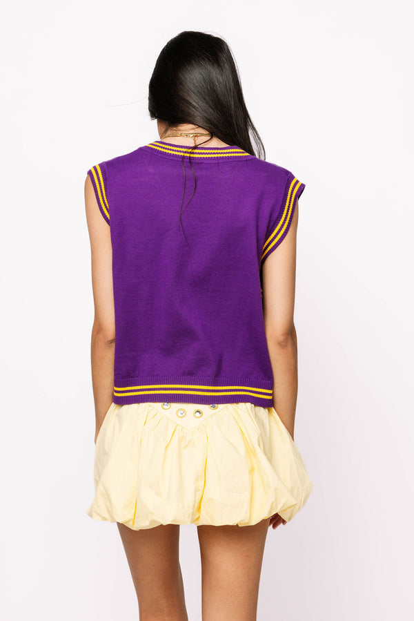 Licensed LSU V-Neck Striped Cuff Sweater Vest (Women's)