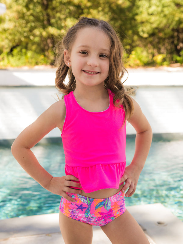 Reversible Peplum Tankini 2-Piece Swimsuit- Neon Shimmer Mermaid