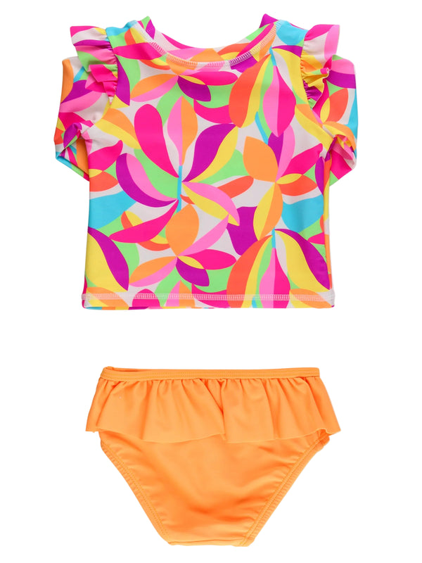 Flutter Rash Guard Skirted 2-Piece Swimsuit- Neon Tropical Adventure