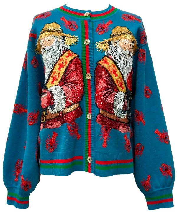Blue Crawfish Santa Button Up Cardigan- (Women's)