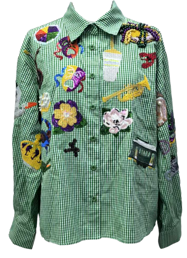 Mardi Gras Icon Button Up Cotton Top- (Women's)
