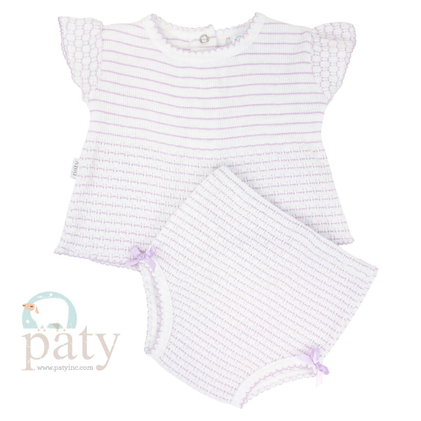 Flutter Sleeve Bows Diaper Set- Pinstripe Lavender