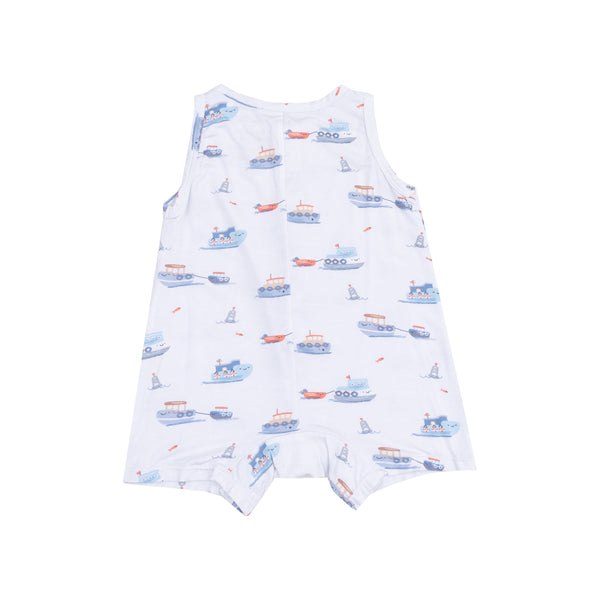 Bubbly Tugboats Sleeveless Romper- Blue