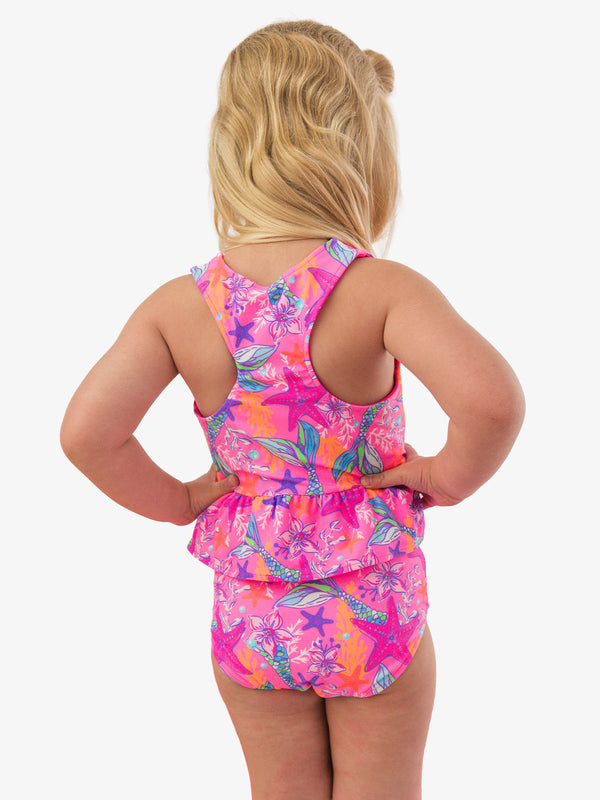 Reversible Peplum Tankini 2-Piece Swimsuit- Neon Shimmer Mermaid