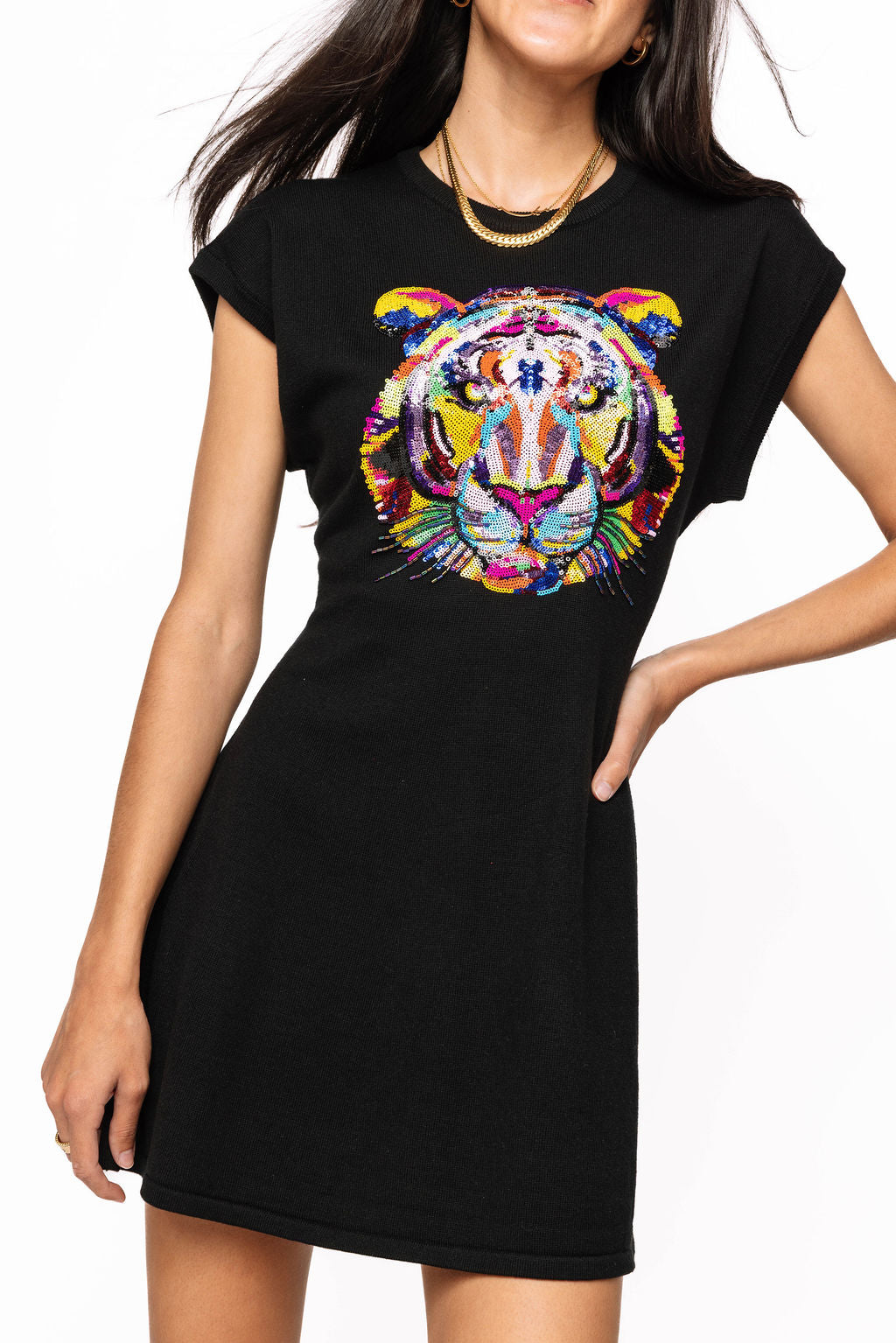 Black Knit Dress W/ Rainbow Tiger Head (Women's) Adult Large Black Knit Dress W/ Rainbow Tiger Head (Women's) Adult Large