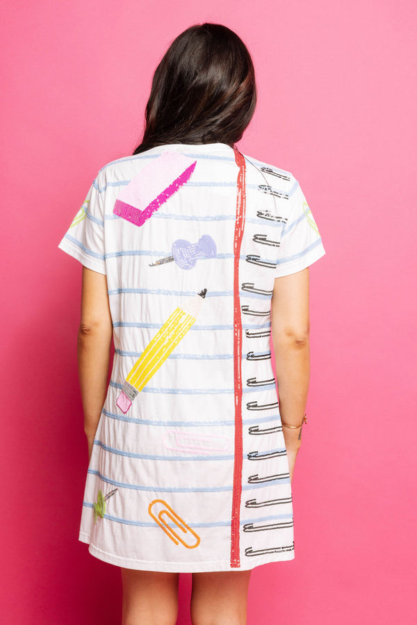 White Notebook Paper & School Supplies Tee Dress- (Women's)