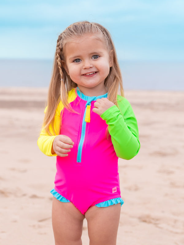 Zipper One Piece Rash Guard Swimsuit- Neon Color Block