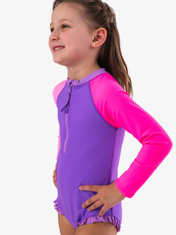Zipper One Piece Rash Guard Swimsuit- Neon Purple Color Block