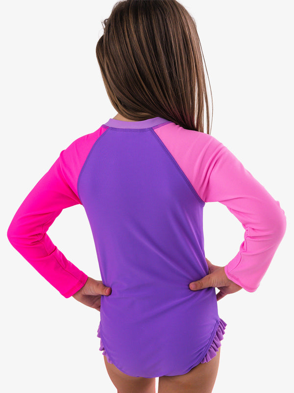 Zipper One Piece Rash Guard Swimsuit- Neon Purple Color Block