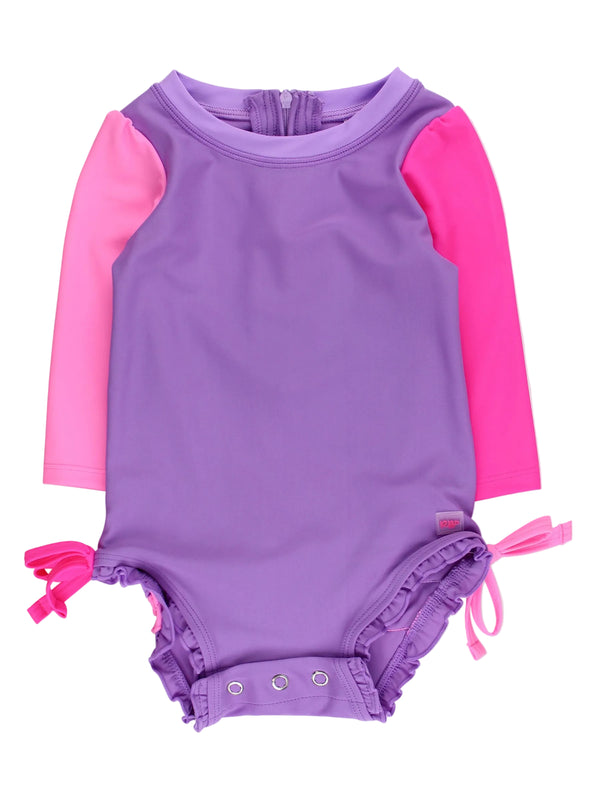 One Piece Rash Guard Swimsuit- Neon Purple Color Block